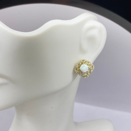 Vintage Gold Earrings | Mini White Fire Opal Gemstone | Golden 925 Sterling Silver Stud Button Earrings for Everyday Wedding or Prom Jewelry