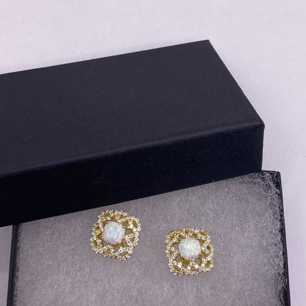 Vintage Gold Earrings | Mini White Fire Opal Gemstone | Golden 925 Sterling Silver Stud Button Earrings for Everyday Wedding or Prom Jewelry