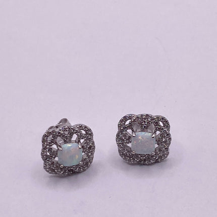 Vintage Silver Earrings | Mini White Fire Opal Gemstone | 925 Sterling Silver Stud Button Earrings for Everyday Wedding or Prom Jewelry
