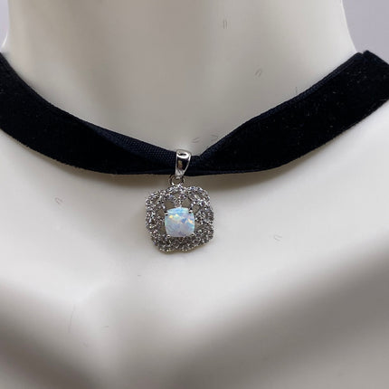 Vintage Silver Pendant Necklace | Tiny White Fire Opal Gemstone Cubic Zirconia Diamond | Sterling Silver Velvet Ribbon Choker Necklace