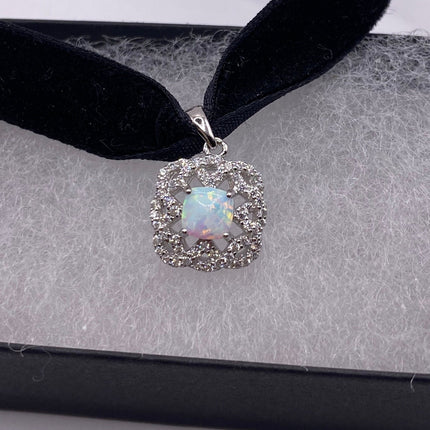 Vintage Silver Pendant Necklace | Tiny White Fire Opal Gemstone Cubic Zirconia Diamond | Sterling Silver Velvet Ribbon Choker Necklace