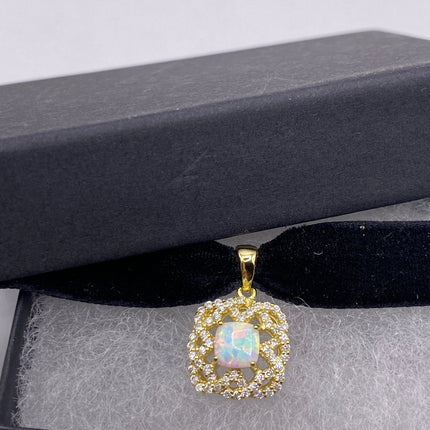 Vintage Gemstone Pendant Choker Necklace | White Fire Opal Diamond CZ Golden Sterling Silver Velvet Ribbon Choker - Free Shipping in US