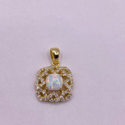 Vintage Gemstone Pendant Choker Necklace | White Fire Opal Diamond CZ Golden Sterling Silver Velvet Ribbon Choker - Free Shipping in US
