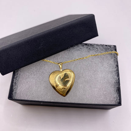 Vintage Gold Locket | Tiny 9k Gold Filled Heart Pendant Photo Memory Charm Engraved Design | Golden 925 Sterling Silver Chain Necklace