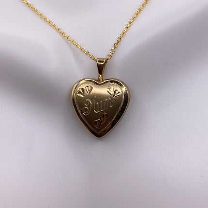 Vintage Gold Locket | Tiny 9k Gold Filled Heart Pendant Photo Memory Charm Engraved Mum | Golden 925 Sterling Silver Chain Necklace