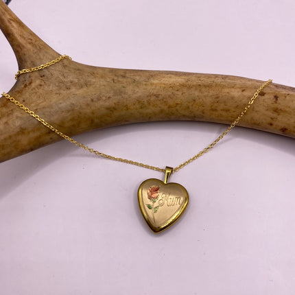 Vintage Gold Locket | Tiny 9k Gold Filled Heart Pendant Photo Memory Charm Engraved Mum | Golden 925 Sterling Silver Chain Necklace