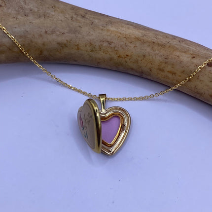 Vintage Gold Locket | Tiny 9k Gold Filled Heart Pendant Photo Memory Charm Engraved Mum | Golden 925 Sterling Silver Chain Necklace