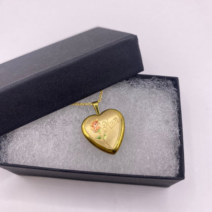 Vintage Gold Locket | Tiny 9k Gold Filled Heart Pendant Photo Memory Charm Engraved Mum | Golden 925 Sterling Silver Chain Necklace