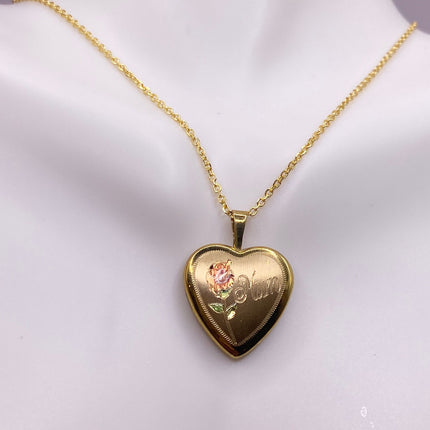 Vintage Gold Locket | Tiny 9k Gold Filled Heart Pendant Photo Memory Charm Engraved Mum | Golden 925 Sterling Silver Chain Necklace