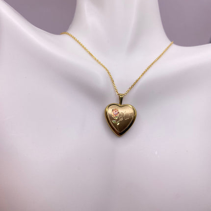Vintage Gold Locket | Tiny 9k Gold Filled Heart Pendant Photo Memory Charm Engraved Mum | Golden 925 Sterling Silver Chain Necklace