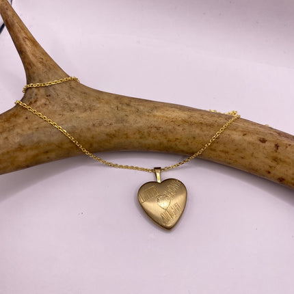 Vintage Gold Locket | Tiny 9k GF Heart Pendant Photo Memory Charm Engraved Live Laugh Love | Gold 925 Sterling Silver Chain Necklace