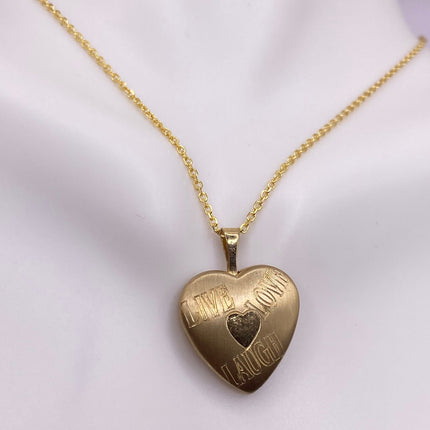 Vintage Gold Locket | Tiny 9k GF Heart Pendant Photo Memory Charm Engraved Live Laugh Love | Gold 925 Sterling Silver Chain Necklace
