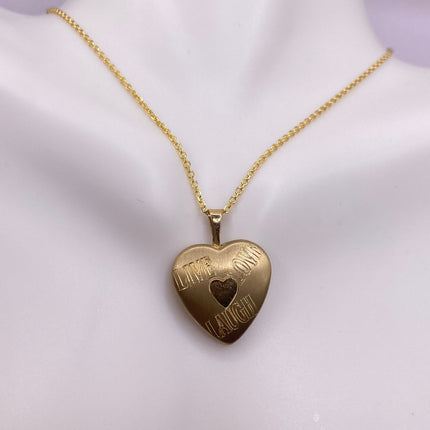 Vintage Gold Locket | Tiny 9k GF Heart Pendant Photo Memory Charm Engraved Live Laugh Love | Gold 925 Sterling Silver Chain Necklace