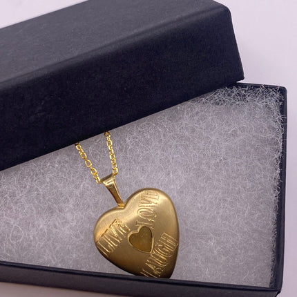 Vintage Gold Locket | Tiny 9k GF Heart Pendant Photo Memory Charm Engraved Live Laugh Love | Gold 925 Sterling Silver Chain Necklace