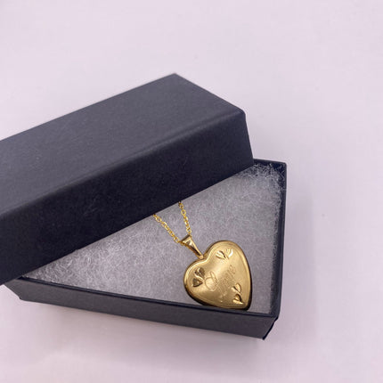 Vintage Tiny Gold Heart Photo Locket 9K Gold Filled Memory Charm Engraved with "Love" on Delicate Chain - Vintage Style Photo Necklace