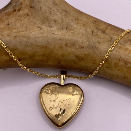 Vintage Tiny Gold Heart Photo Locket 9K Gold Filled Memory Charm Engraved with "Love" on Delicate Chain - Vintage Style Photo Necklace