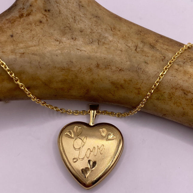 Vintage Tiny Gold Heart Photo Locket 9K Gold Filled Memory Charm Engraved with "Love" on Delicate Chain - Vintage Style Photo Necklace