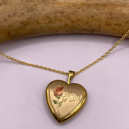 Vintage Gold Locket | Tiny 9k Gold Filled Heart Pendant Photo Memory Charm Engraved Mum | Golden 925 Sterling Silver Chain Necklace