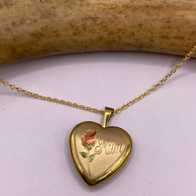 Vintage Gold Locket | Tiny 9k Gold Filled Heart Pendant Photo Memory Charm Engraved Mum | Golden 925 Sterling Silver Chain Necklace