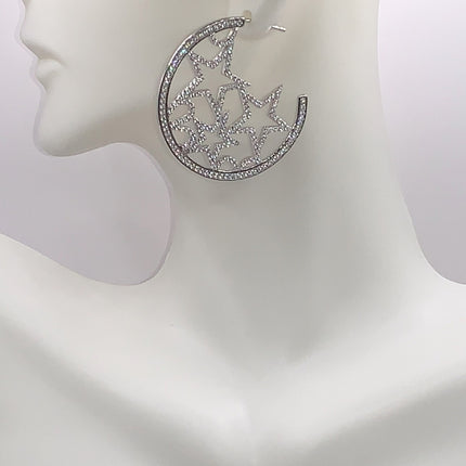 Vintage Silver Earrings | White Sapphire Gemstone Crystal Star Design | 925 Sterling Silver Pave Hoop Earrings | Celestial Look
