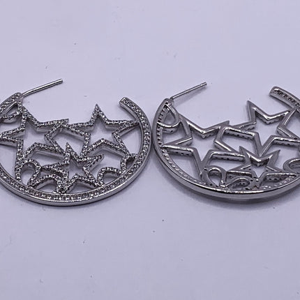 Vintage Silver Earrings | White Sapphire Gemstone Crystal Star Design | 925 Sterling Silver Pave Hoop Earrings | Celestial Look