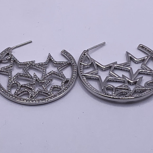 Vintage Silver Earrings | White Sapphire Gemstone Crystal Star Design | 925 Sterling Silver Pave Hoop Earrings | Celestial Look
