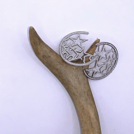 Vintage Silver Earrings | White Sapphire Gemstone Crystal Star Design | 925 Sterling Silver Pave Hoop Earrings | Celestial Look