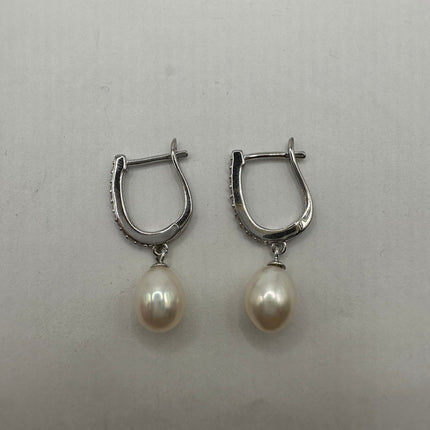 Vintage Silver Earrings | Deco White Pearl 925 Sterling Silver Hoop Earrings