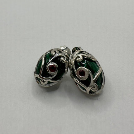 Vintage Silver Earrings | Green Malachite Red Ruby Gemstone Deco Stud Button Earrings | 925 Sterling Silver