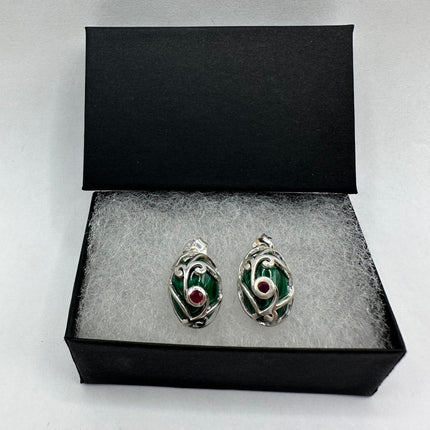 Vintage Silver Earrings | Green Malachite Red Ruby Gemstone Deco Stud Button Earrings | 925 Sterling Silver
