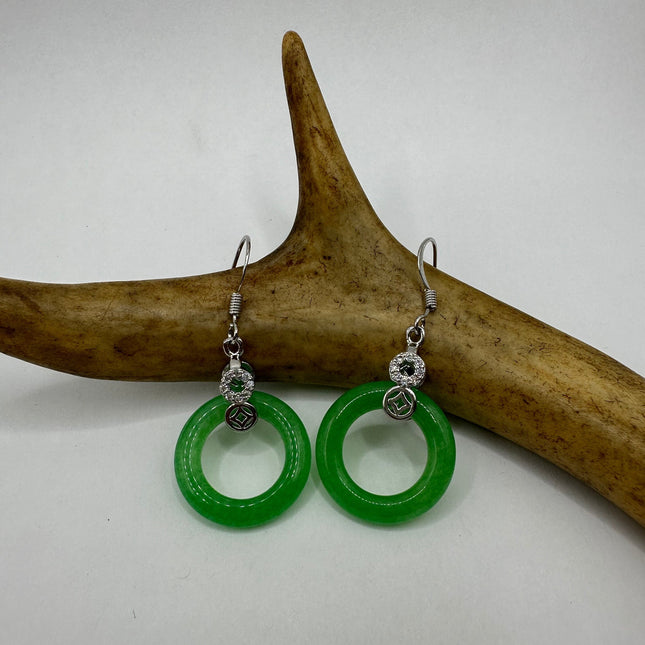 Vintage Green Jade Lucky Hoop Dangle Earrings