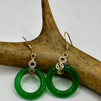 Vintage Gold Green Jade Dangle Hoops Lucky Earrings