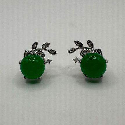 Vintage Silver Green Jade Lucky Stud Earrings