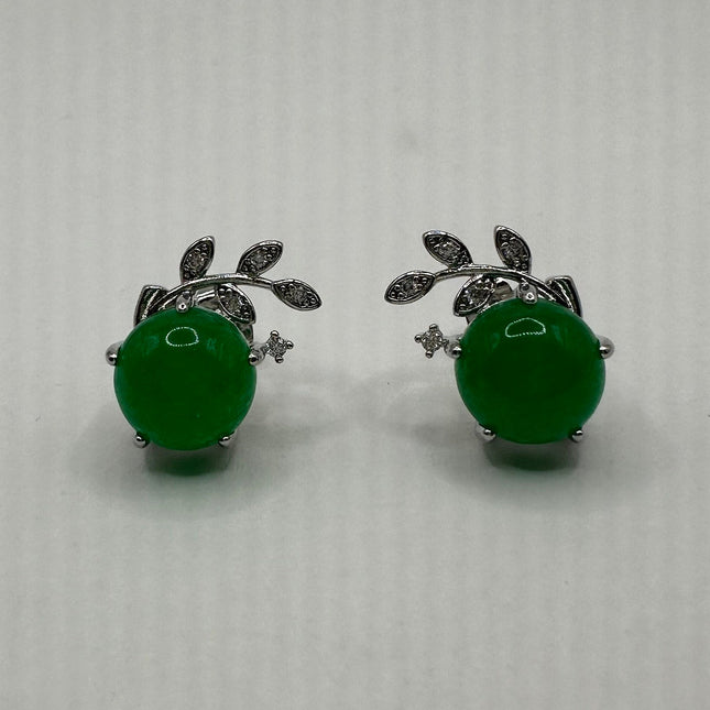 Vintage Silver Green Jade Lucky Stud Earrings