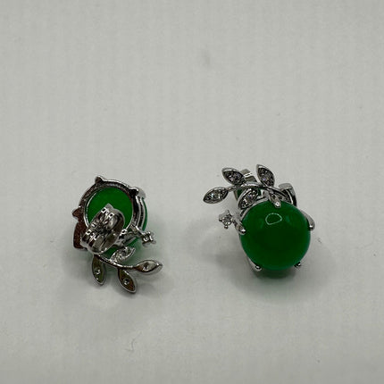Vintage Silver Green Jade Lucky Stud Earrings