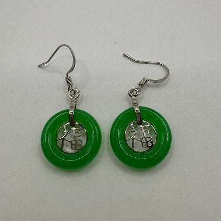 Vintage Silver Green Jade Dangle Lucky Earrings