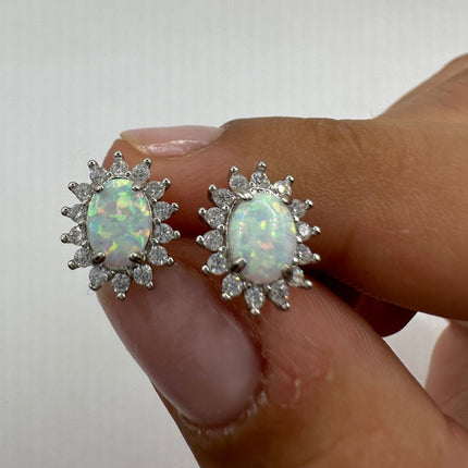 Vintage Silver Earrings | Tiny White Fire Opal Clear Crystal Diamond Stud Button Earrings | 925 Sterling Silver