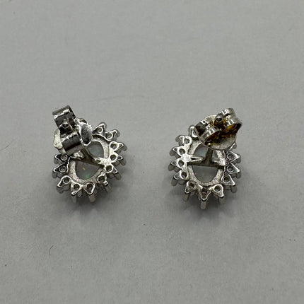 Vintage Silver Earrings | Tiny White Fire Opal Clear Crystal Diamond Stud Button Earrings | 925 Sterling Silver