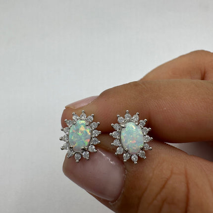 Vintage Silver Earrings | Tiny White Fire Opal Clear Crystal Diamond Stud Button Earrings | 925 Sterling Silver