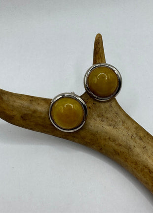 Vintage Gemstone Earrings | Yellow Jade Crystal Birthstone | 925 Sterling Round Silver Button Earrings