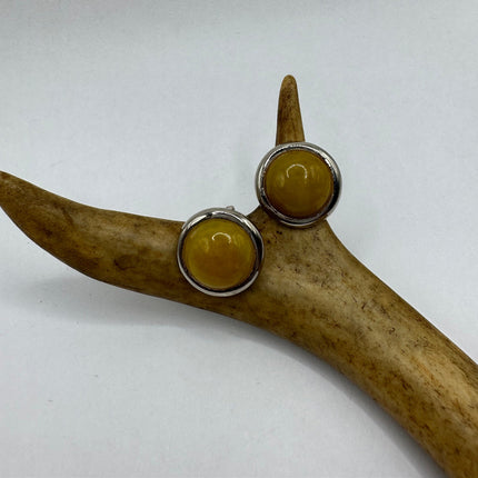 Vintage Gemstone Earrings | Yellow Jade Crystal Birthstone | 925 Sterling Round Silver Button Earrings