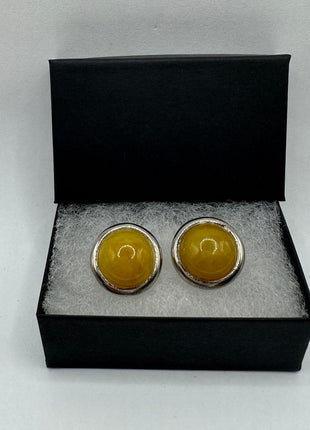 Vintage Gemstone Earrings | Yellow Jade Crystal Birthstone | 925 Sterling Round Silver Button Earrings