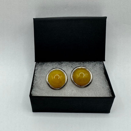 Vintage Gemstone Earrings | Yellow Jade Crystal Birthstone | 925 Sterling Round Silver Button Earrings