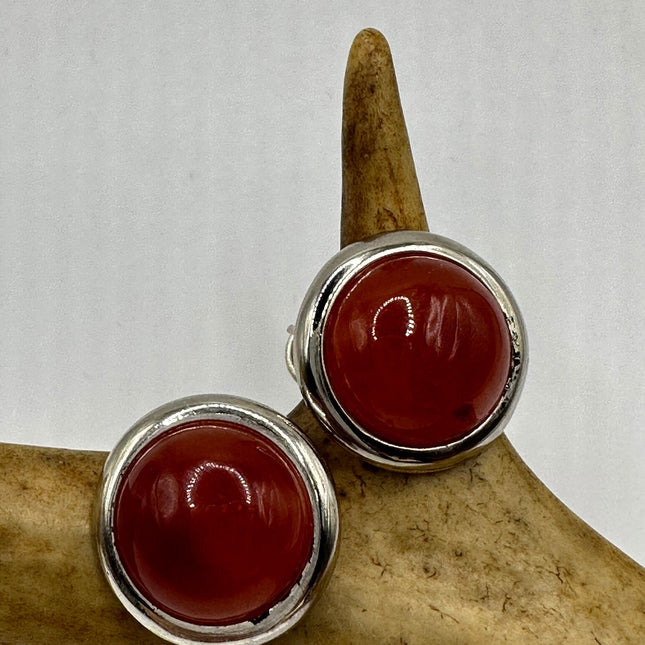 Vintage Gemstone Earrings | Red Jade Crystal Birthstone | 925 Sterling Round Silver Button Earrings