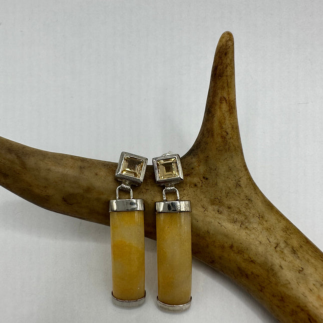 Vintage Yellow Jade 925 Sterling Silver Button Earrings