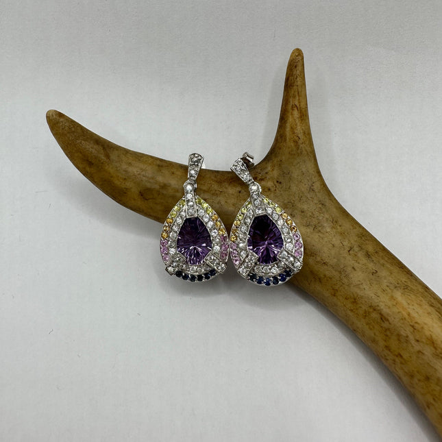 Vintage Silver Earrings | Purple Amethyst Citrine Tourmaline Sapphire Gemstone | 925 Sterling Silver Dangle Drop Chandelier Earrings