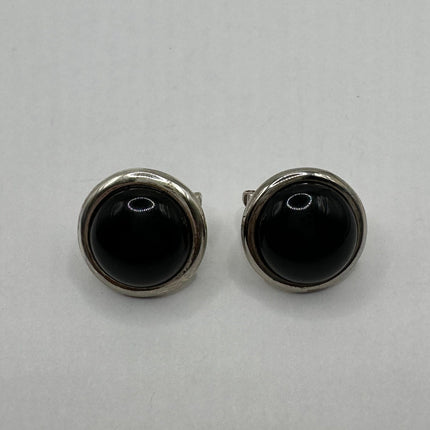 Vintage Silver Earrings | Round Black Onyx Gemstone Crystal Birthstone | 925 Sterling Silver Stud Button Earrings