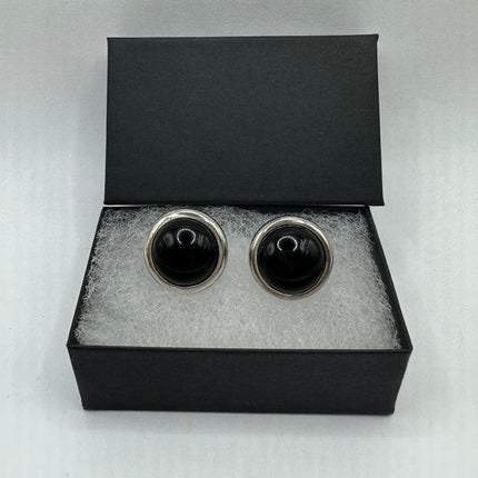 Vintage Silver Earrings | Round Black Onyx Gemstone Crystal Birthstone | 925 Sterling Silver Stud Button Earrings