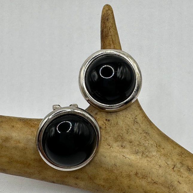 Vintage Silver Earrings | Round Black Onyx Gemstone Crystal Birthstone | 925 Sterling Silver Stud Button Earrings