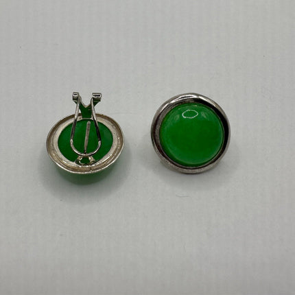 Vintage Gemstone Earrings | Green Jade Crystal Birthstone | 925 Sterling Round Silver Button Earrings